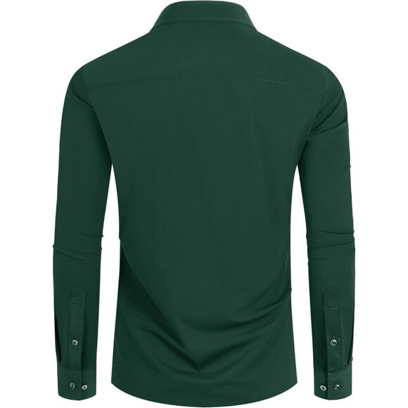 Men's Green Long Sleeve Slim Muscle Fit Wrinkle Free Button Down Dress Shirts - Picture 8 of 8